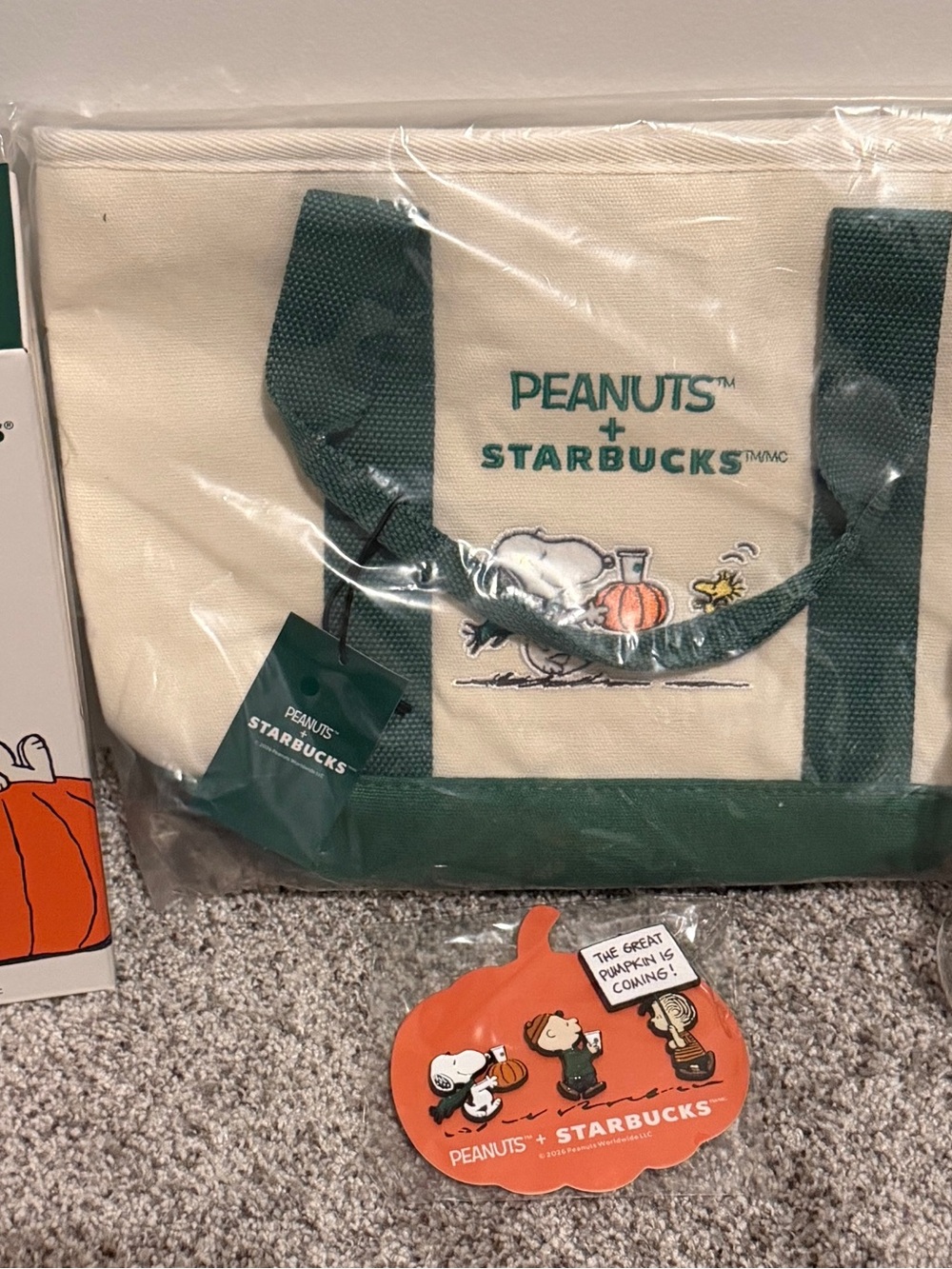 Snoopy glass, Peanuts x Starbucks, Green & Cream Canvas Tote Bag, pins, mug
